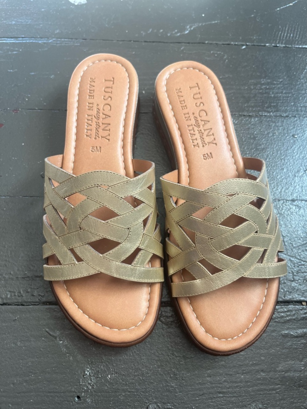 Tuscany Leather Woven Slide Sandals in Metallic Olive
